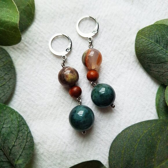 Earthy Boho Stone Earrings, Agate Beaded Earrings, Rustic Hippie Chic Earrings - Picture 1 of 10